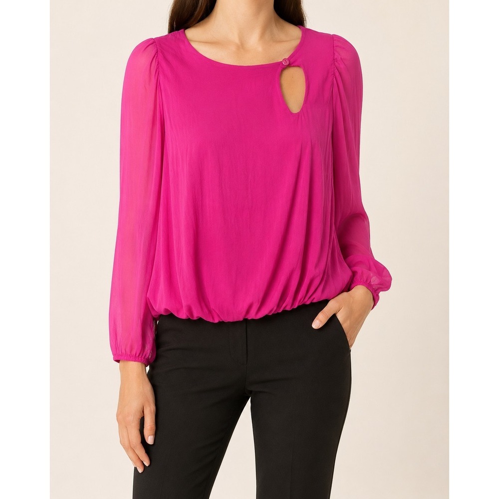 JOSH Made Italy Silk Blouse Womens Fuchsia Pink‎ Sheer Sleeve Keyhole Top